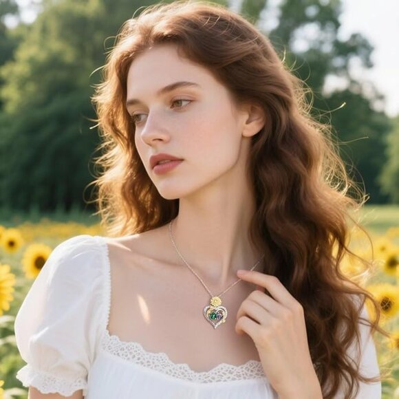 925 Sterling Silver Double Heart Sunflower Pendant Necklace NWT - Picture 4 of 7